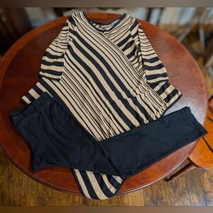 EUC NY Collection Asymmetrical Striped Black and Tan Top Medium